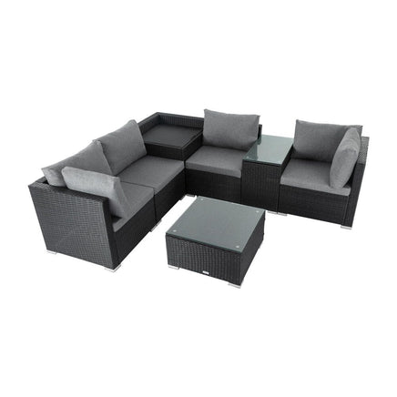 7PC Outdoor Wicker Loveseat Setting with Storage Corner (Black) Furniture Kings Warehouse 