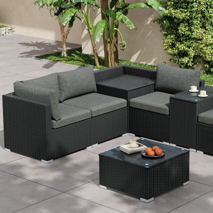 7PC Outdoor Wicker Loveseat Setting with Storage Corner (Black) Furniture Kings Warehouse 
