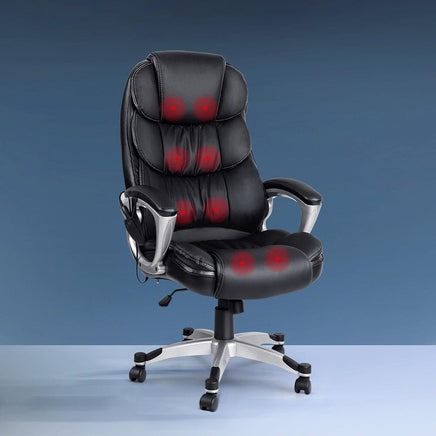 8 Point Massage Office Chair Heated Seat PU Black Furniture Kings Warehouse 