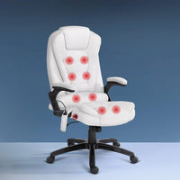 8 Point Massage Office Chair Heated Seat Recliner PU White Furniture Kings Warehouse 