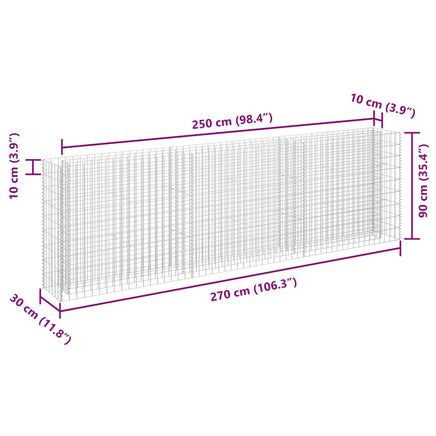 Gabion Raised Bed Galvanised Steel 270x30x90 cm