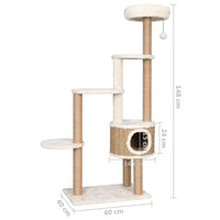 Cat Tree with Luxury Cushion and Scratching Post 148cm Seagrass