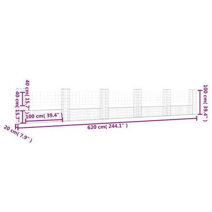 U-shape Gabion Basket with 6 Posts Iron 620x20x100 cm