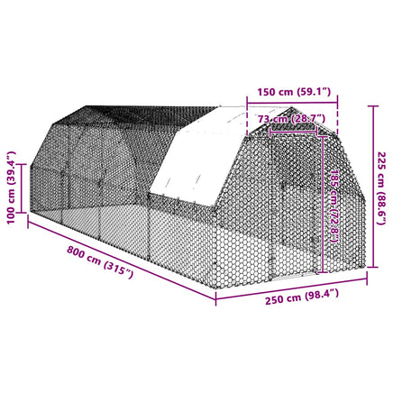 Chicken Run with Roof 2.5x8x2.25 m Galvanised Steel