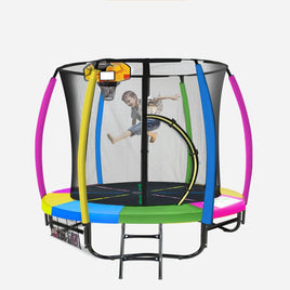 8ft Outdoor Trampoline Kids Children With Safety Enclosure Mat Pad Net Ladder Basketball Hoop Set - Rainbow Sports & Fitness Kings Warehouse