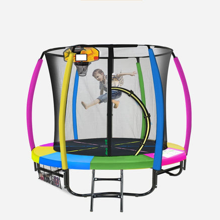 8ft Outdoor Trampoline Kids Children With Safety Enclosure Mat Pad Net Ladder Basketball Hoop Set - Rainbow Sports & Fitness Kings Warehouse 
