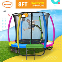 8ft Outdoor Trampoline Kids Children With Safety Enclosure Mat Pad Net Ladder Basketball Hoop Set - Rainbow Sports & Fitness Kings Warehouse 