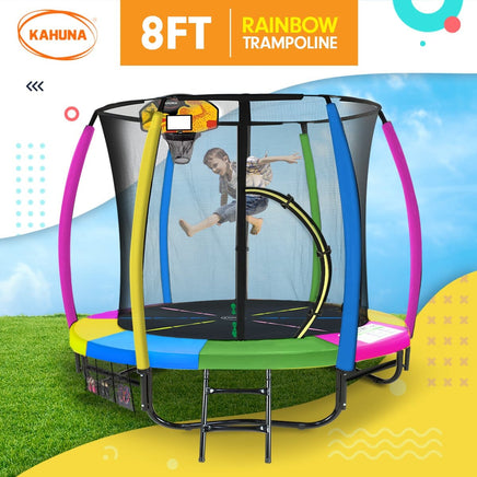 8ft Outdoor Trampoline Kids Children With Safety Enclosure Mat Pad Net Ladder Basketball Hoop Set - Rainbow Sports & Fitness Kings Warehouse 