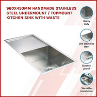 960x450mm Handmade Stainless Steel Undermount / Topmount Kitchen Sink with Waste Furniture Kings Warehouse 