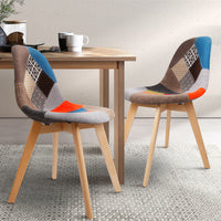 Set of 2 Retro Beech Fabric Dining Chair - Multi Colour