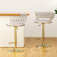 2x Bar Stools Gas Lift Velvet Woven Backrest Ivory