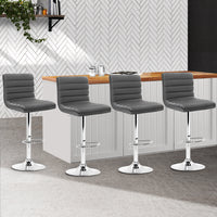 Set of 4 PU Leather Lined Pattern Bar Stools- Grey and Chrome