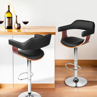 4x Bar Stools Gas Lift Leather w/Armrest Black