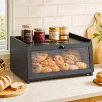 Artiss Bamboo Bread Box Kitchen Countertop Storage Clear Window Shelf 40cm Black
