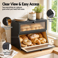 Artiss Bamboo Bread Box 2-Tier Kitchen Countertop Storage 40cm Black