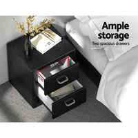 Bedside Table 2 Drawers Leather - CADEN Black