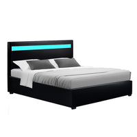 Bed Frame Double Size LED Gas Lift Black COLE