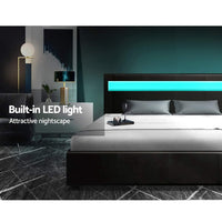 Bed Frame Double Size LED Gas Lift Black COLE