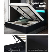 Bed Frame Double Size LED Gas Lift Black COLE