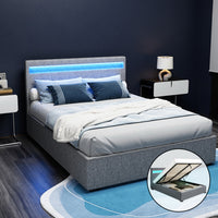 Bed Frame Double Size LED Gas Lift Grey COLE