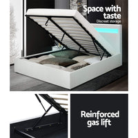 Bed Frame Double Size LED Gas Lift White COLE