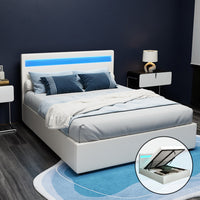 Bed Frame Double Size LED Gas Lift White COLE