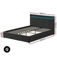 Bed Frame Queen Size LED Gas Lift Black COLE