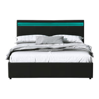 Bed Frame Queen Size LED Gas Lift Black COLE