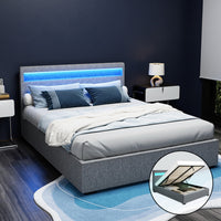 Bed Frame Queen Size LED Gas Lift Grey COLE