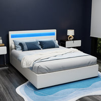 Bed Frame Queen Size LED Gas Lift White COLE