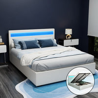 Bed Frame Queen Size LED Gas Lift White COLE