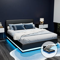 Bed Frame Double Size LED Gas Lift Black LUMI