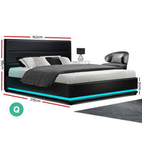 Bed Frame Queen Size LED Gas Lift Black LUMI