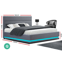 Bed Frame Queen Size LED Gas Lift Grey LUMI