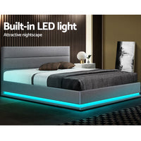 Bed Frame Queen Size LED Gas Lift Grey LUMI