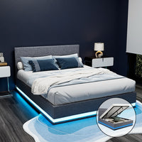 Bed Frame Queen Size LED Gas Lift Grey LUMI