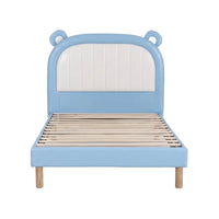 Artiss Kids King Single Bed Frame Upholstered Bear Headboard Waterproof Leather Boys Bed 180kg Capacity Blue and White