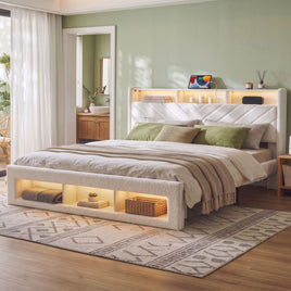 Artiss King Bed Frame with Storage, Charging Station & LED, White