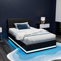 Bed Frame King Single Size LED Gas Lift Black LUMI