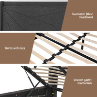 Artiss Double Bed Frame Gas Lift Storage Bed with Charging Ports Upholstered Geometric Headboard Charcoal Grey