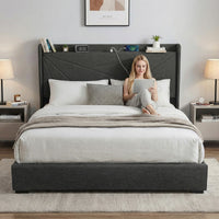 Artiss King Bed Frame Gas Lift Storage Bed with Charging Ports Upholstered Geometric Headboard Charcoal Grey