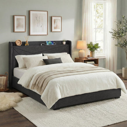 Artiss King Bed Frame Gas Lift Storage Bed with Charging Ports Upholstered Geometric Headboard Charcoal Grey
