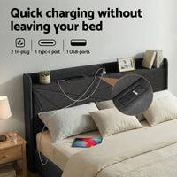 Artiss King Bed Frame Gas Lift Storage Bed with Charging Ports Upholstered Geometric Headboard Charcoal Grey