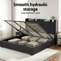 Artiss King Bed Frame Gas Lift Storage Bed with Charging Ports Upholstered Geometric Headboard Charcoal Grey
