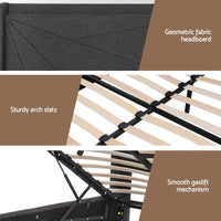 Artiss King Bed Frame Gas Lift Storage Bed with Charging Ports Upholstered Geometric Headboard Charcoal Grey