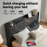 Artiss Queen Bed Frame Gas Lift Storage Bed with Charging Ports Upholstered Geometric Headboard Charcoal Grey