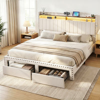 Artiss King Upholstered Bed Frame with Shelf Storage Drawers Charging Station Mood Lighting Linen
