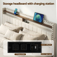 Artiss King Upholstered Bed Frame with Shelf Storage Drawers Charging Station Mood Lighting Linen