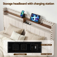 Artiss Queen Upholstered Bed Frame with Shelf Storage Drawers Charging Station Mood Lighting Linen
