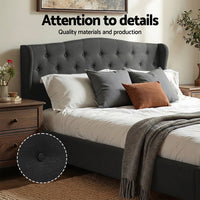 Artiss Queen Bed Frame Wingback Headboard Charcoal Grey Linen Upholstered Platform Bed Base
